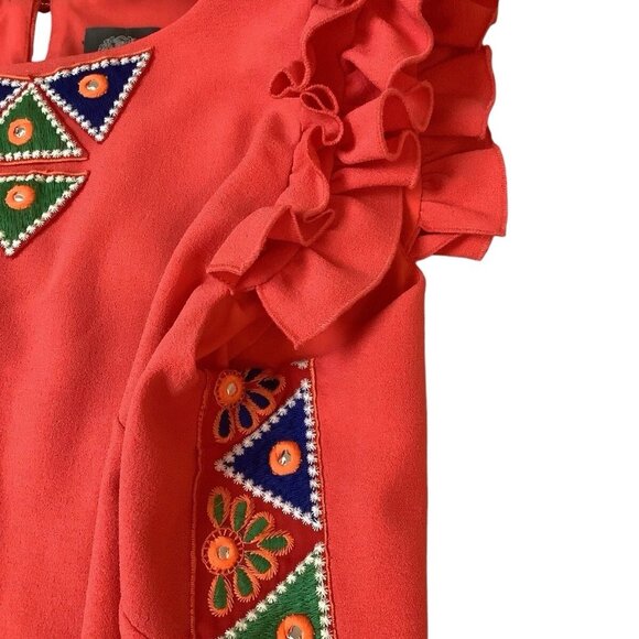 Vince Camuto Women’s Coral Aztec Embroidered Ruffle Sleeve Dress Size 12P - Picture 11 of 16